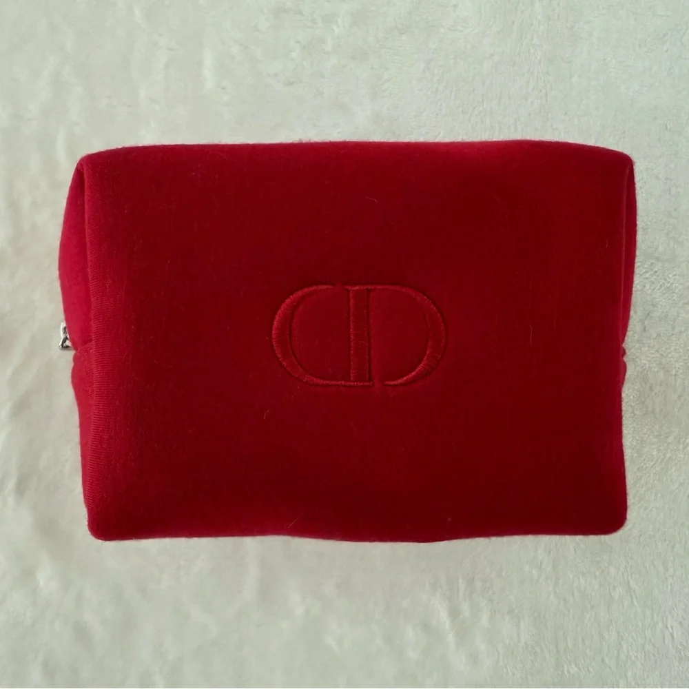 Dior Red Cosmetic Pouch Bag - Deep Red with Silver Accents